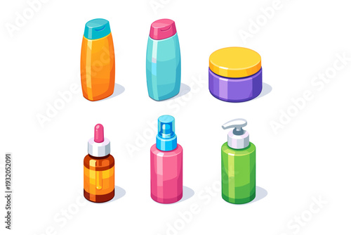 HaircareMockup. Isometric flat vector icons set of HaircareMockup: shampoo bottle mockup, conditioner bottle mockup, hair mask jar mockup, serum dropper bottle