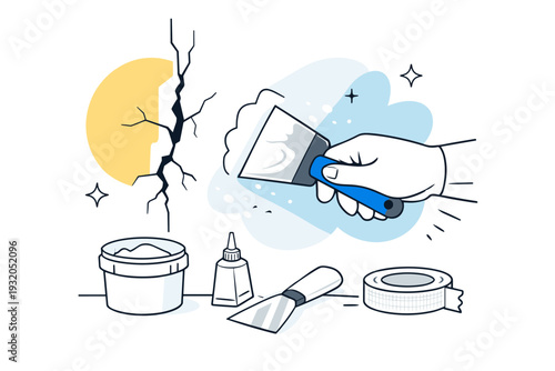 Wall Crack Repair Concept. Close-up of a cracked wall surface with a hand applying smooth filler using a putty knife, small dust particles floating lightly,