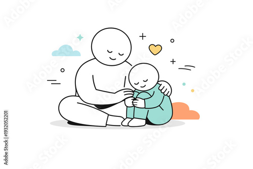 Healing past emotions. A character offering comfort to a small inner figure, surrounded by soft abstract shapes. Calm reassurance and emotional care without