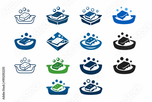 Cleaning the sink. Icon set. Set Logo of Cleaning the sink: sponge and bubbles. harmonious logo variations of the same emblematic concept, each with different