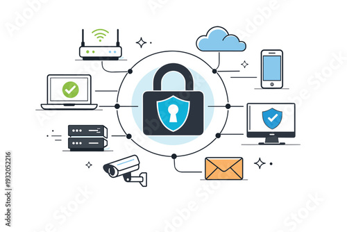 Network security. A focused editorial layout showing interconnected devices protected by a central lock. System safety and controlled connections, with minimal