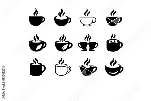 Hot beverages (tea, coffee, cocoa). Icon set. Set Logo of hot beverages (tea, coffee, cocoa): aroma steam lines. harmonious logo variations of the same