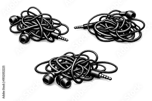 Tangled headphones loose knot A realistic loosely tangled set of headphones shown as a single object in three different views highlighting irregular loops and