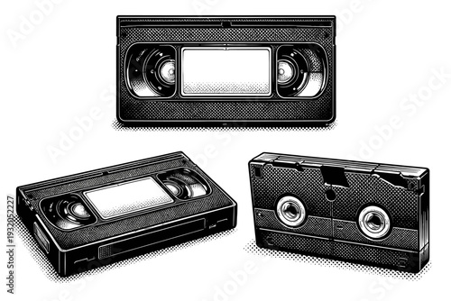 VHS tape ? standard VHS cassette with rectangular plastic shell, central label area, and visible tape windows. Black and white dot style with halftone texture