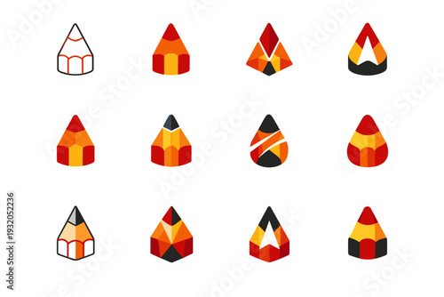 Drawing with colored pencils. Icon set. Set Logo of Drawing with colored pencils: colored pencil tip. harmonious logo variations of the same emblematic