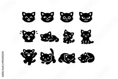 Kitten Mood. Solid icon set of Kitten Mood: happy kitten face, playful grin, curious eyes, mischievous look, excited ears, relaxed flop, cheeky pose, attention