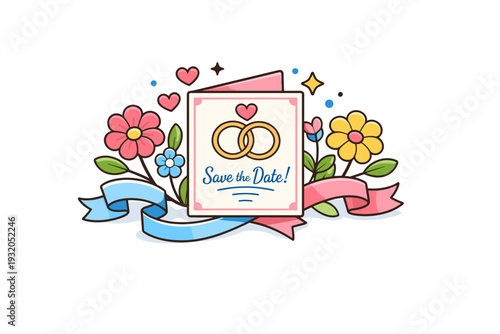 Spring Wedding invitation charming card surrounded by blooming florals, soft ribbons, and tiny hearts, reflecting celebration, personal connection, and the