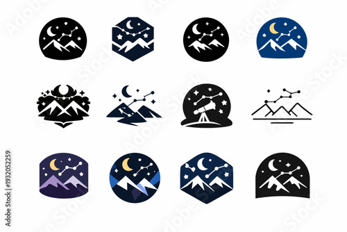 Astronomy and stargazing. Icon set. Set Logo of astronomy and stargazing: star constellation pattern. harmonious logo variations of the same emblematic