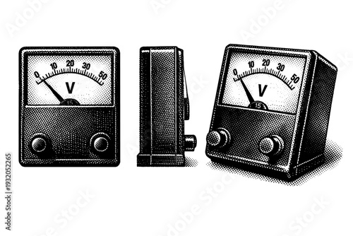 Analog voltmeter device presented as a single instrument shown in front view, side view, and angled perspective emphasizing dial scale, needle indicator, and