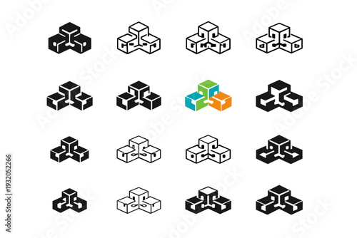 Customizable 3D Elements. Icon set. Set Logo of Customizable 3D Elements: adjustable block system. harmonious logo variations of the same emblematic concept,