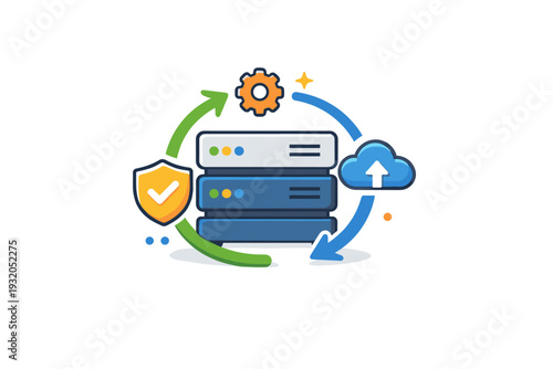 Server management icons represented through synchronized servers with circular arrows, conveying backups, automation, and continuous system operations.