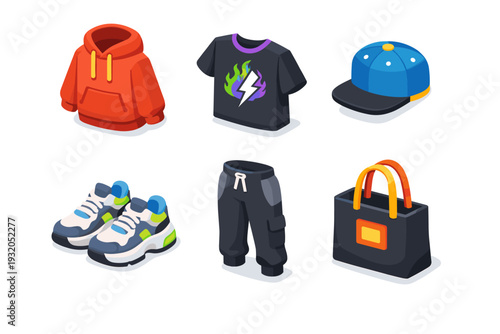 Streetwear line. Isometric flat vector icons set of Streetwear line: oversized hoodie, graphic t-shirt, snapback cap, chunky sneakers, jogger pants, branded