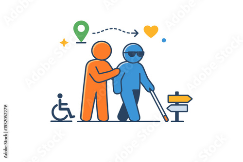Accessibility and empathy shown through one figure offering guidance to another using universal symbols, expressing support, respect, and human centered design