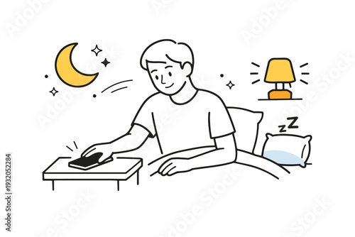 Reducing blue light before sleep. A person putting a device aside near bedtime, with soft moon and warm light icons nearby. Calm transition from screen time to