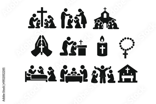 Christian Family Prayer. Solid icon set of Christian Family Prayer: family praying at cross, parents blessing children, bible prayer, family church prayer,