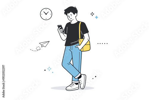 Waiting moments. A standing figure checks the time on a phone, posture relaxed rather than rushed. Everyday scene capturing quiet delay and gentle awareness of