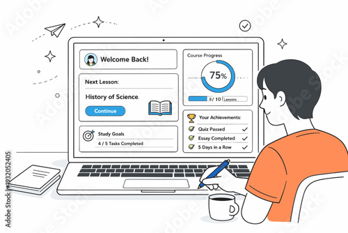 Online education dashboard. A student reviewing lessons and progress on a laptop screen, calm focused learning atmosphere. Digital cards and charts suggest