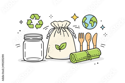 Zero-waste product showcase. A reusable jar, cloth bag, and bamboo cutlery arranged on a textured background, abstract floating icons of recycling and stars