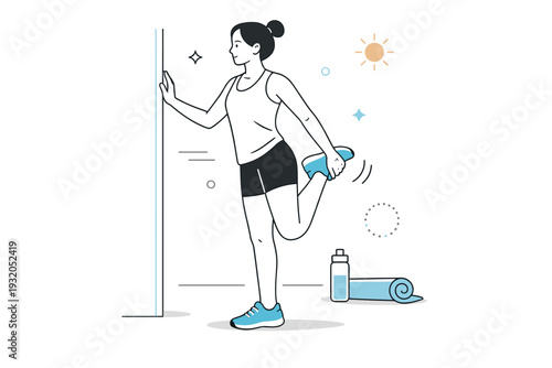 Post-workout recovery stretching. Standing quad stretch beside gym wall or outdoor space, slow controlled movement emphasized. Sense of balance, recovery, and