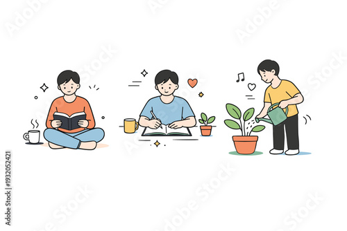 Unhurried daily activities. A person doing simple tasks like reading, journaling, or watering plants. Focus on intentional living and gentle rhythm. Minimalist