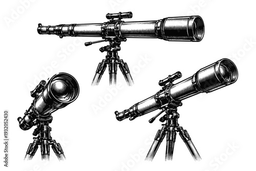 Refracting telescope presented as a single astronomical instrument shown in side view, front view, and angled three-quarter perspective emphasizing long