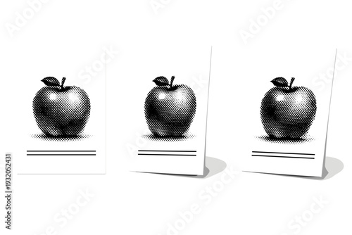 Halftone minimalist flyer layout A minimalist flyer layout panel shown in front view, angled view, and three-quarter view with clean margins and balanced