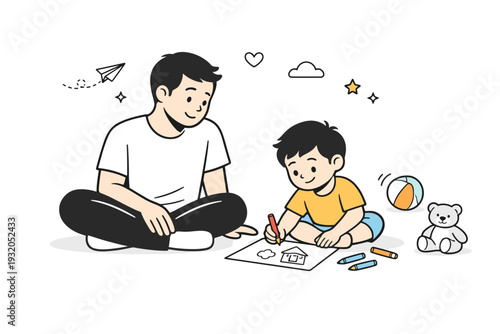 Reconnecting with the inner child. A calm adult sitting beside a playful child version of themselves, drawing or playing together. Gentle trust, care, and