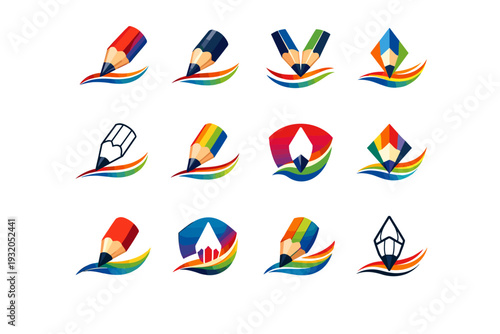 Drawing with colored pencils. Icon set. Set Logo of Drawing with colored pencils: pencil tip stroke. harmonious logo variations of the same emblematic concept,