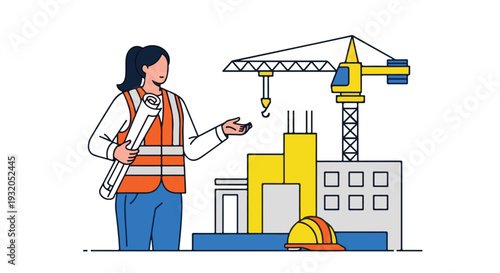 A female engineer in a safety vest holds blueprints, overseeing a construction site with buildings, a crane, and a hard hat.