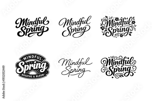 Mindful Spring. Set lettering. harmonious lettering variations of the same emblematic concept, each with different artistic interpretation (Bold hand-lettering
