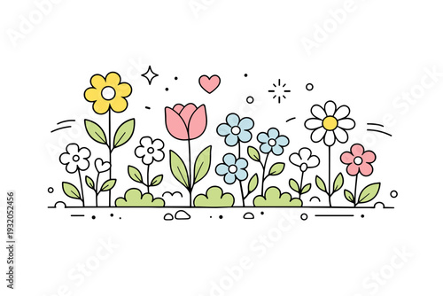 Flower garden in spring. A tidy garden scene with blooming flowers arranged in a simple, harmonious composition, expressing calm growth and balance. Soft