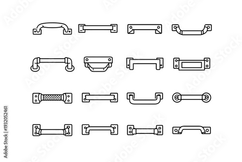 Industrial Drawer Handles. Line icon set of Industrial Drawer Handles: heavy duty pull handle, steel bar handle, industrial cabinet pull, exposed screw handle,