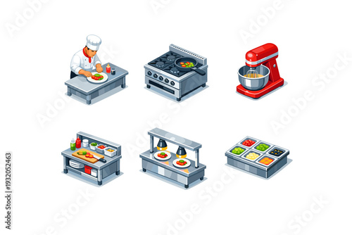 Restaurant Kitchen. Isometric flat vector icons set of Restaurant Kitchen: chef at stainless steel counter plating dish, professional gas stove with pan, stand