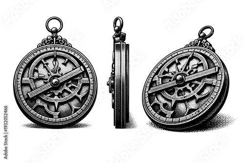 Astrolabe device displayed as a single astronomical instrument in front view, side profile, and angled perspective emphasizing circular plate, rotating rete,