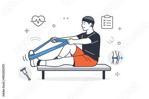 Physiotherapy for returning athlete. Person using resistance bands for controlled exercises, mindful posture and slow repetition, safe recovery routine.
