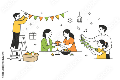 Seasonal events and holidays. People hanging simple festive decorations together in a bright interior, preparing calmly for a holiday. Warm anticipation and