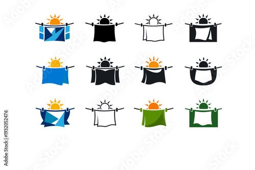 Hanging laundry on a clothesline. Icon set. Set Logo of Hanging laundry on a clothesline: drying sheet in the sun. harmonious logo variations of the same
