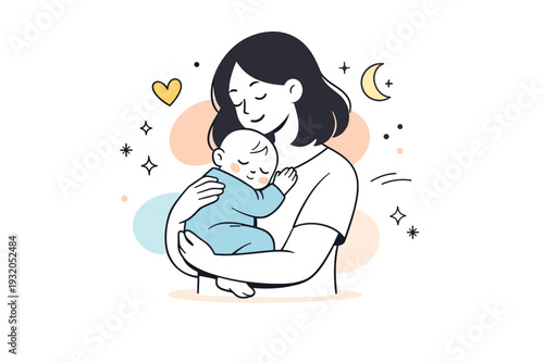 Mother holding sleeping baby. A quiet editorial scene with a baby resting peacefully in a mother?s arms. Safety, calm, and emotional closeness highlighted with