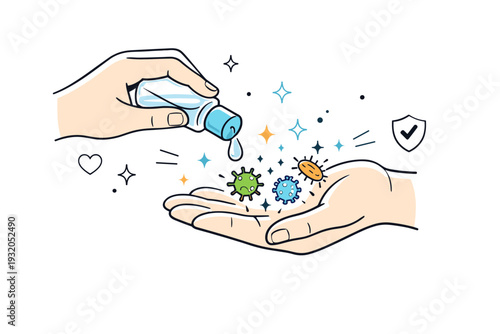 Using hand sanitizer. A close, focused scene of a person applying sanitizer from a small bottle, abstract germs dissolving with light sparkles around the