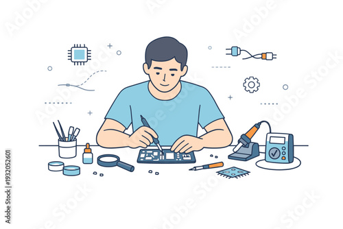 Electronics repair technician. A person seated at a workbench repairing a phone or circuit board, surrounded by small tools. Calm and focused portrait with