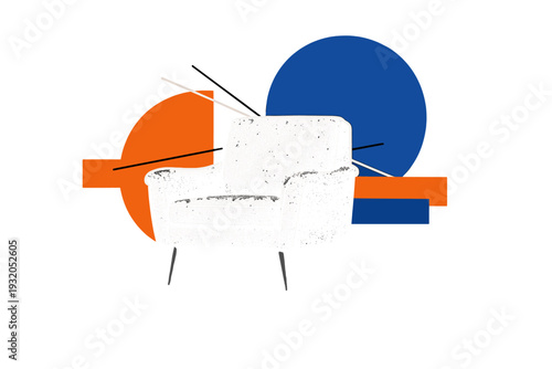 Black and white retro armchair with visible fabric texture as the main object, cut-out effect with thin white outline, layered over bold geometric circles and