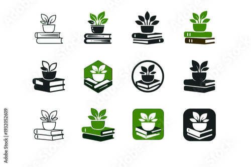 Decorating a bookshelf with plants. Icon set. Set Logo of Decorating a bookshelf with plants: stacked books and plant pot. harmonious logo variations of the