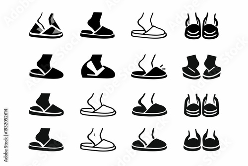 Putting on indoor slippers. Icon set. Set Logo of Putting on indoor slippers: cozy house slippers. harmonious logo variations of the same emblematic concept,