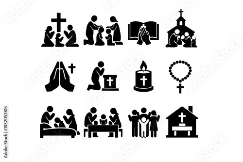 Christian Family Prayer. Solid icon set of Christian Family Prayer: family praying at cross, parents blessing children, bible prayer, family church prayer,