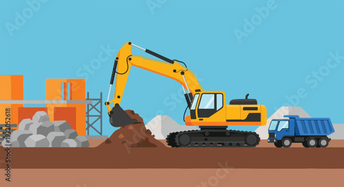 A vibrant vector illustration showing an excavator digging soil at a construction site with a dump truck nearby and partially built structures.