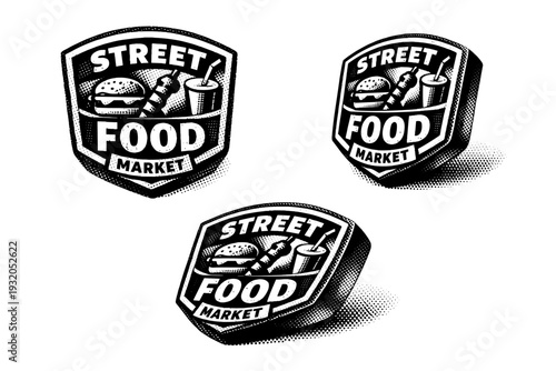 Local market badge ? street food market emblem. A street food market badge presented as one object in three different views emphasizing bold shapes and compact