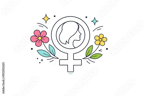 International Women?s Day symbols. Abstract female symbol combined with flowers and stars, clean celebratory composition. Calm optimism and global recognition