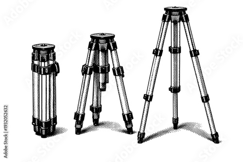 Surveyor?s tripod displayed folded, partially extended, and fully extended in upright position highlighting metal joints and leg clamps with accurate