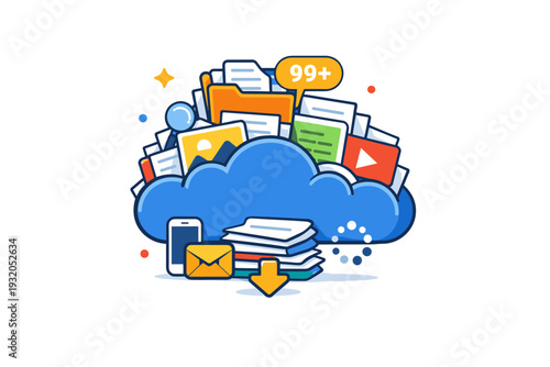 Digital clutter mindset focused on excess information with a visual metaphor of overflowing cloud storage and layered documents suggesting unchecked collection