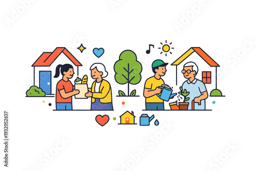 Community care in everyday neighborhoods shown through neighbors exchanging small help gestures near their homes, conveying kindness, proximity, and shared